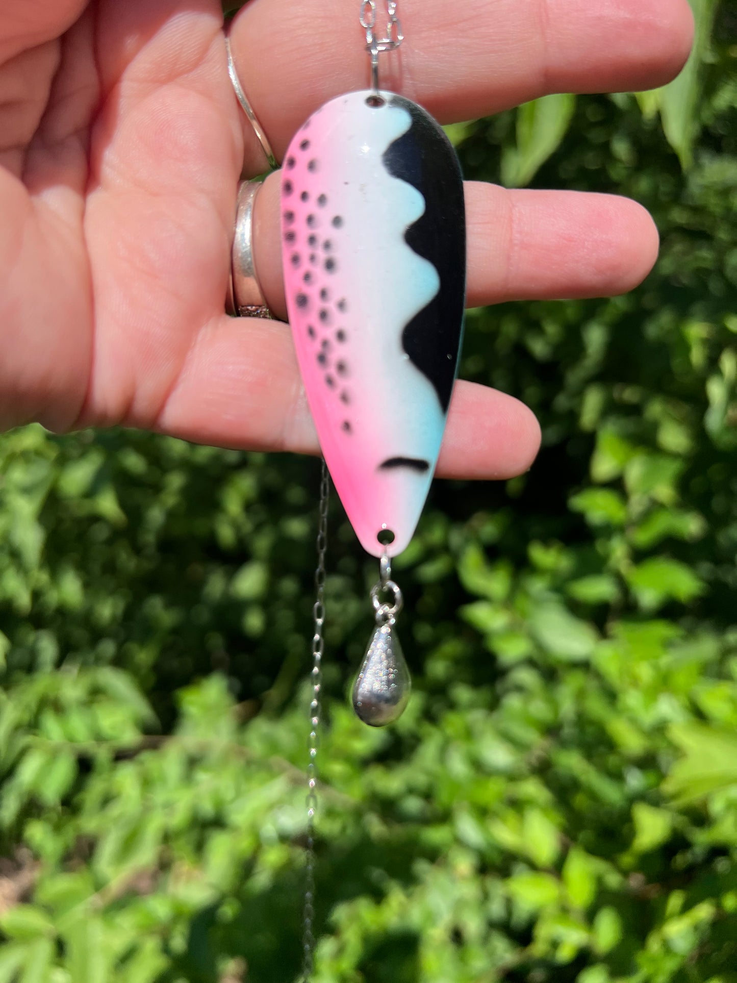 Pink and white spoon fishing lure 1