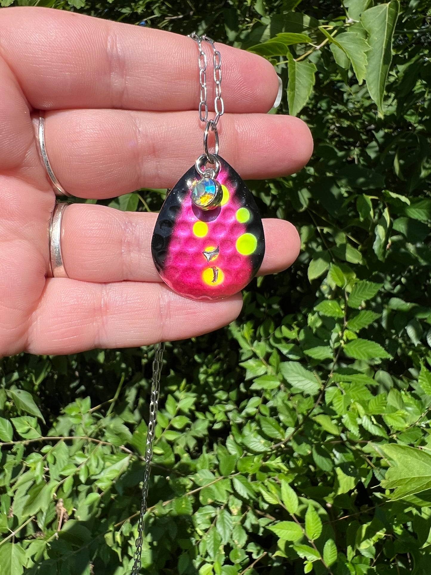 Pink and black spoon fishing lure necklace 2