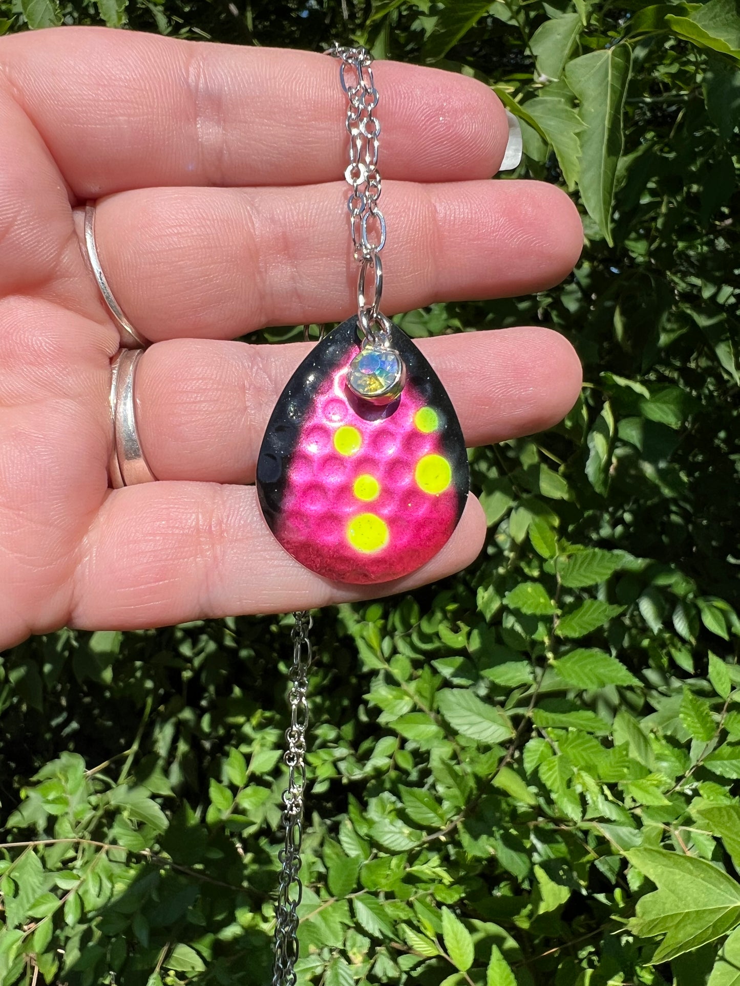 Pink and black spoon fishing lure necklace 1