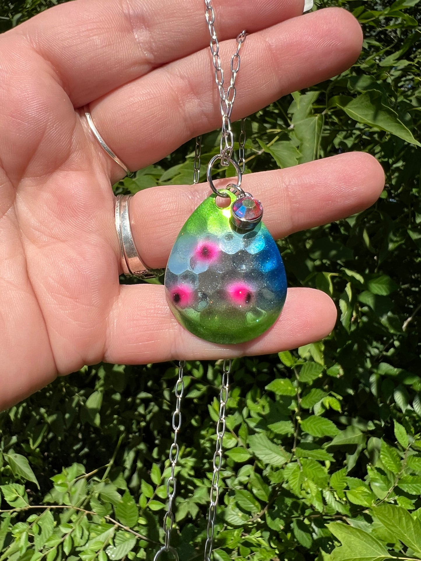 Green and silver spoon fishing lure necklace 1