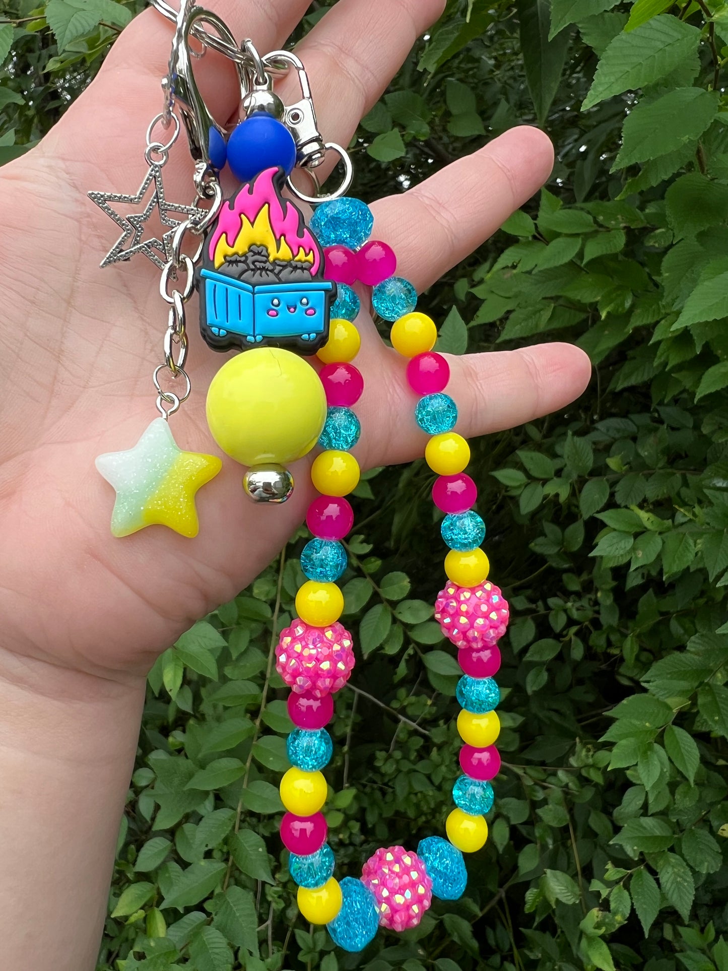 Pink Blue and Yellow Dumpster Fire keychain/bag charm