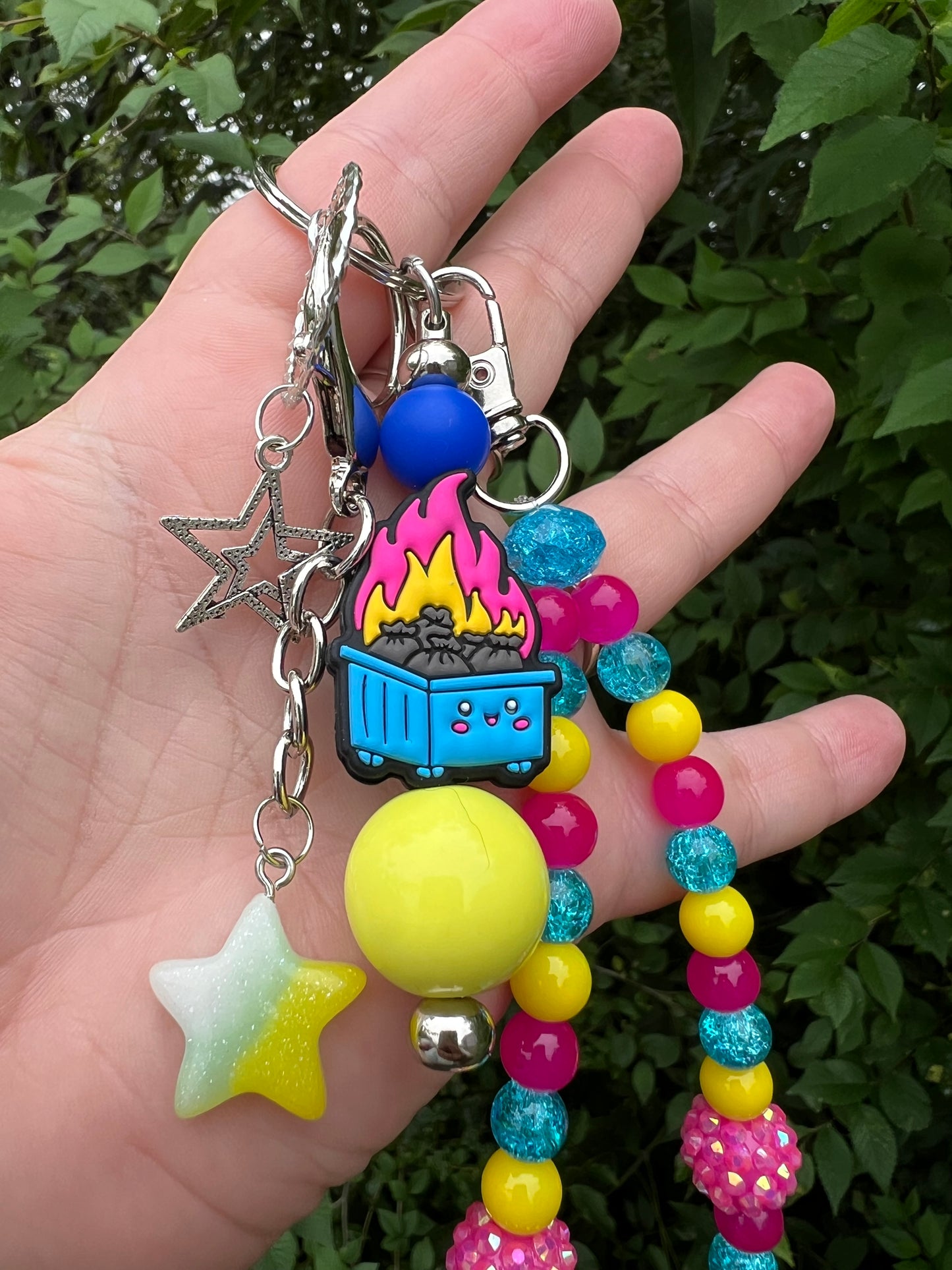 Pink Blue and Yellow Dumpster Fire keychain/bag charm