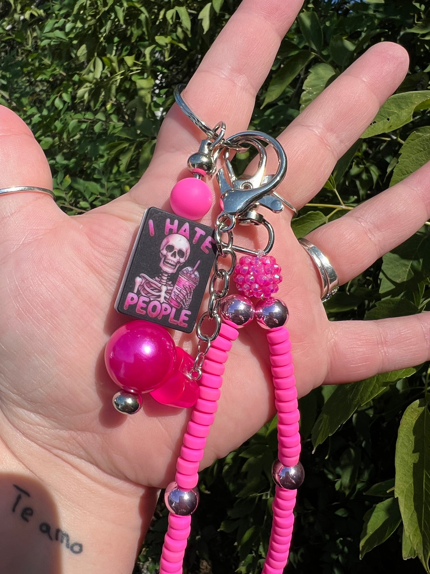 Pink and Silver I Hate People Keychain/Bagcharm