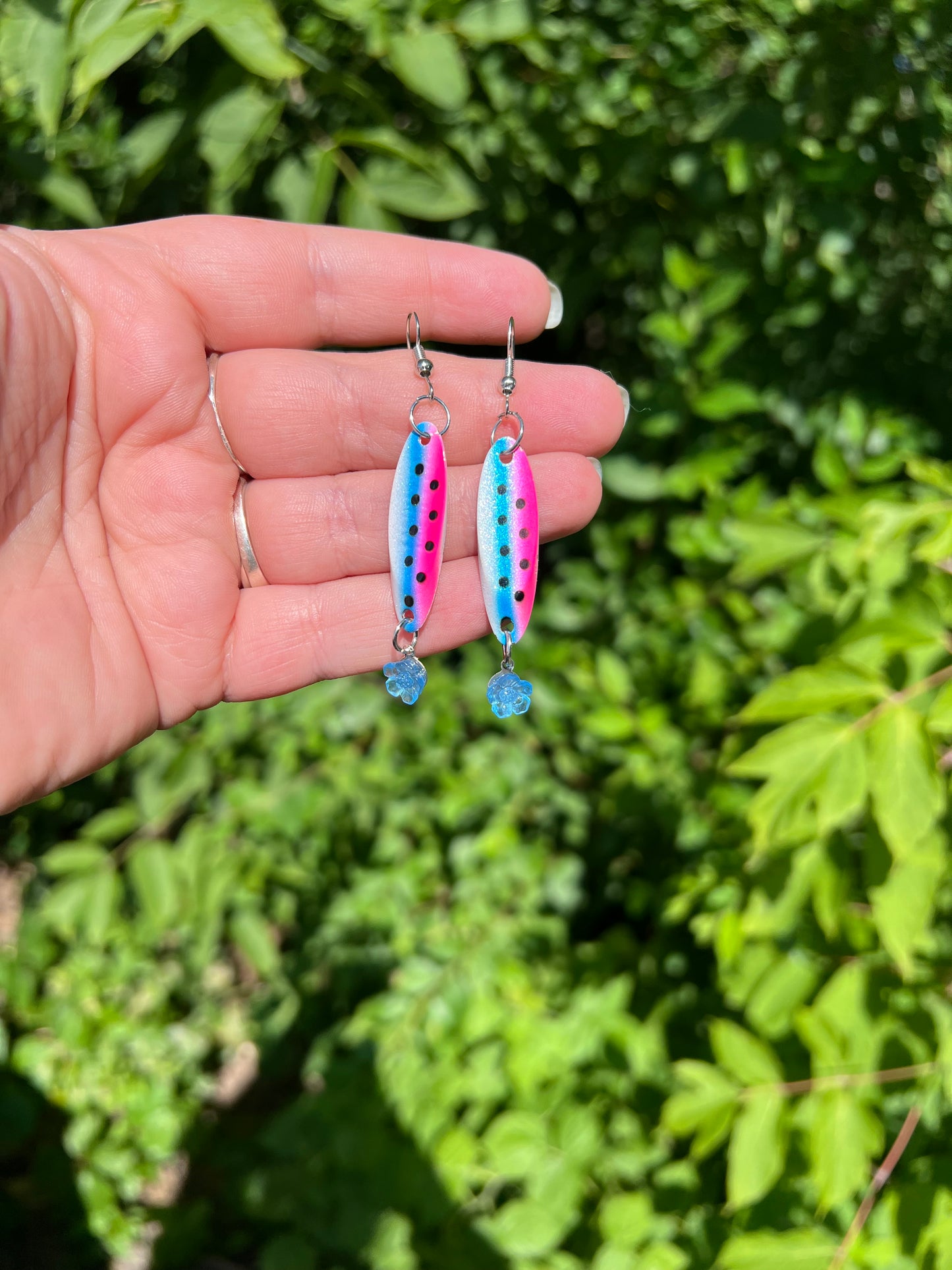 Pink and blue spoon fishing lure earrings