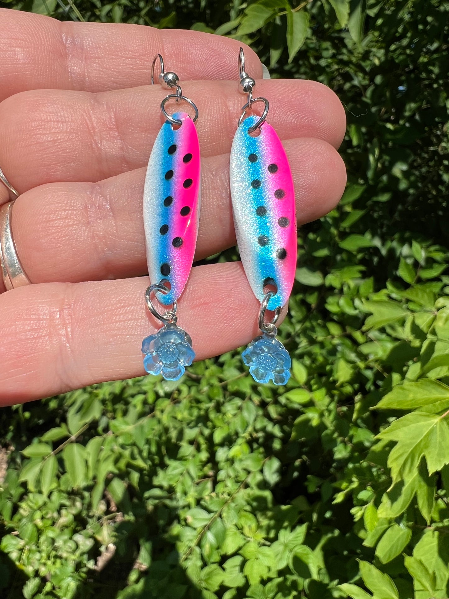 Pink and blue spoon fishing lure earrings