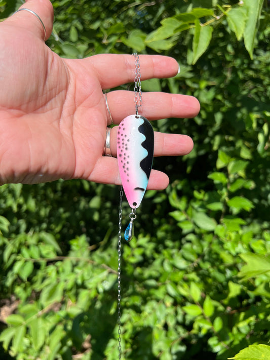 Pink and white spoon fishing lure 1