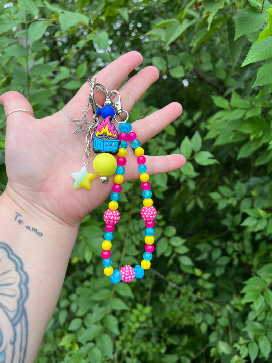 Pink Blue and Yellow Dumpster Fire keychain/bag charm