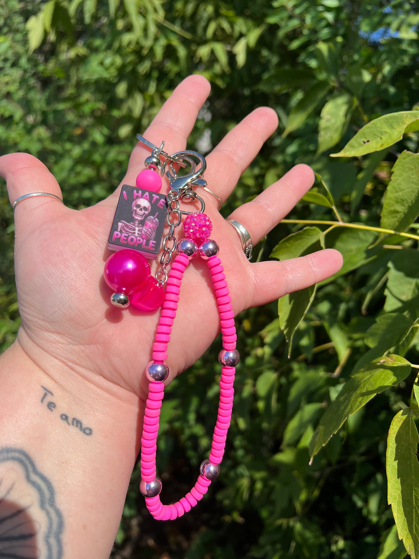Pink and Silver I Hate People Keychain/Bagcharm